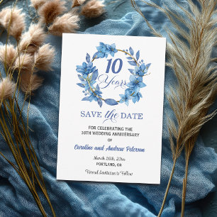Reserve A Data Moldura Dourada Floral Azul 10º Aniversário de Cas