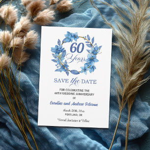 Reserve A Data Moldura Dourada Floral Azul 60º Aniversário de Cas