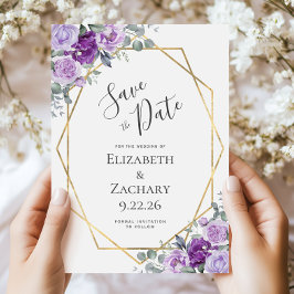 Reserve A Data Moldura Dourada Floral de Cor d'Água Púrpura Salva