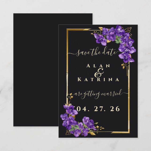 Reserve A Data Moldura Dourada Floral Violeta Preta (Frente/Verso)