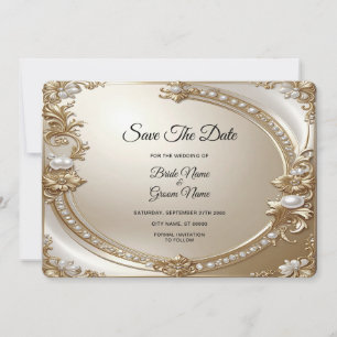 Reserve A Data Moldura Dourada Ornamentada com Pérolas Save The D