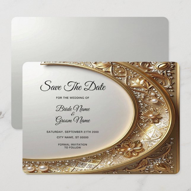 Reserve A Data Moldura Dourada Ornamentada Save The Date (Frente/Verso)