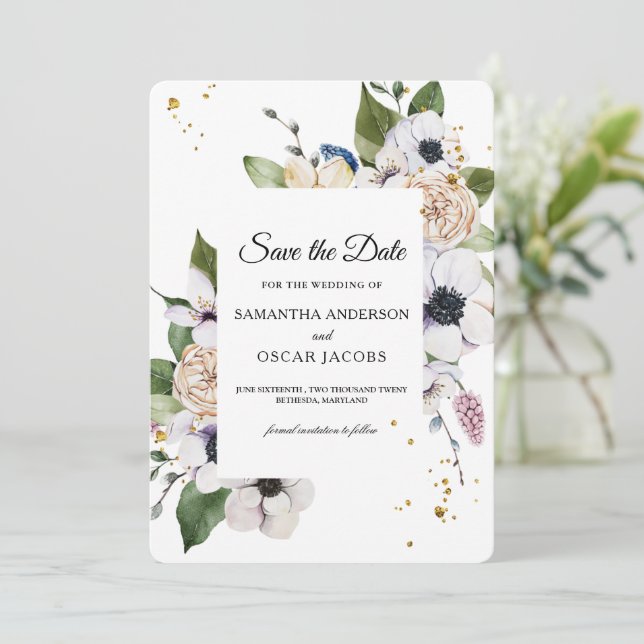 Reserve A Data Moldura Floral Moderna e Elegante & Pingentes Dour (Em pé/Frente)