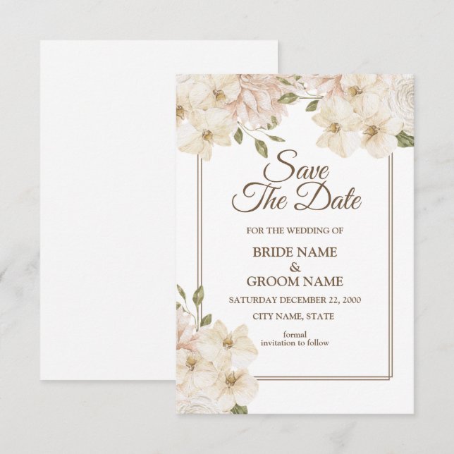 Reserve A Data Moldura Floral Rosa Branca Casamento Moderno (Frente/Verso)