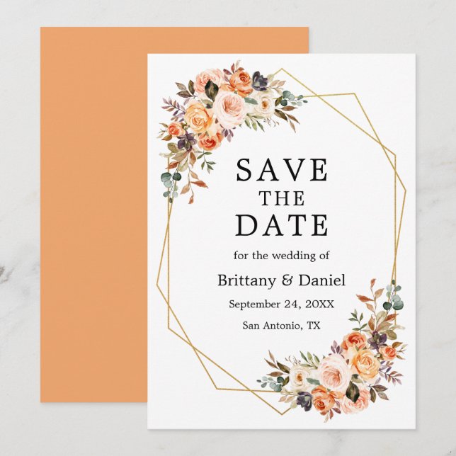 Reserve A Data Moldura Geo Floral de Outono em Aquarela Pêssego (Frente/Verso)