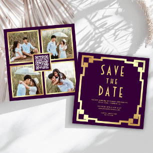 Reserve A Data Moldura Quadrada Art Déco Código QR Casamento Roxo