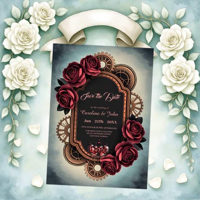 Reserve A Data Moldura Steampunk com Rosas vermelhas e engrenagen (Criador carregado)