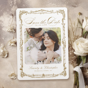 Reserve A Data Moldura Vintage Dourada Foto Casamento Rótulo Clás