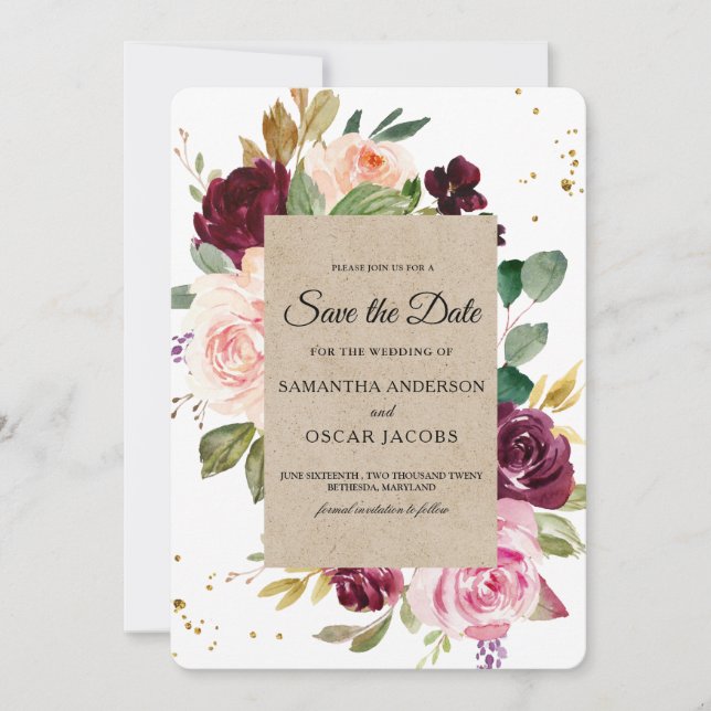Reserve A Data Molody & Rustic Burgundy Kraft Frame Floral & Dour (Frente)