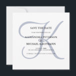 Reserve A Data Monograma Azul com Poeira Clássica<br><div class="desc">Esse casamento elegante salve a data que os convites mostram seu monograma em grandes textos na moda em azul empoeirado em fundo branco. Um simples e elegante olhar para o seu casamento moderno.</div>