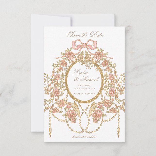 Reserve A Data Monograma de Casamento Rosa Rococó Francês (Frente)