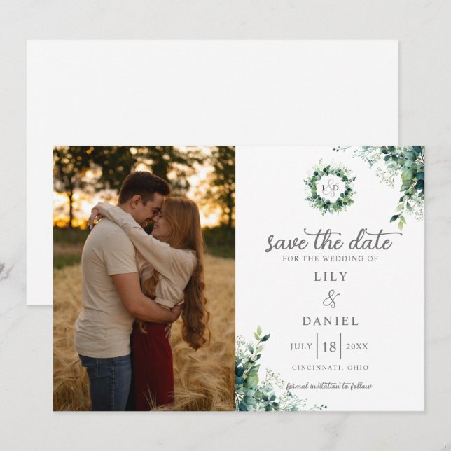 Reserve A Data Monograma de Fotografia de Casamento com Eucalipto (Frente/Verso)