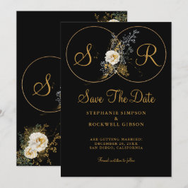 Reserve A Data Monograma Dourado Elegante Sobre Casamento Negro