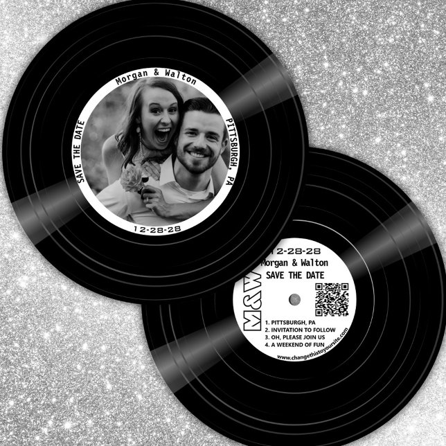 Reserve A Data Monograma e Foto do Registro de Vinilo - Branco (Round vinyl record style photo save the date with QR code)