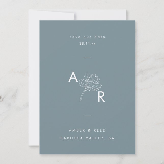 Reserve A Data Monograma Floral Moderno Simples Dusty Azul Elegan (Frente)