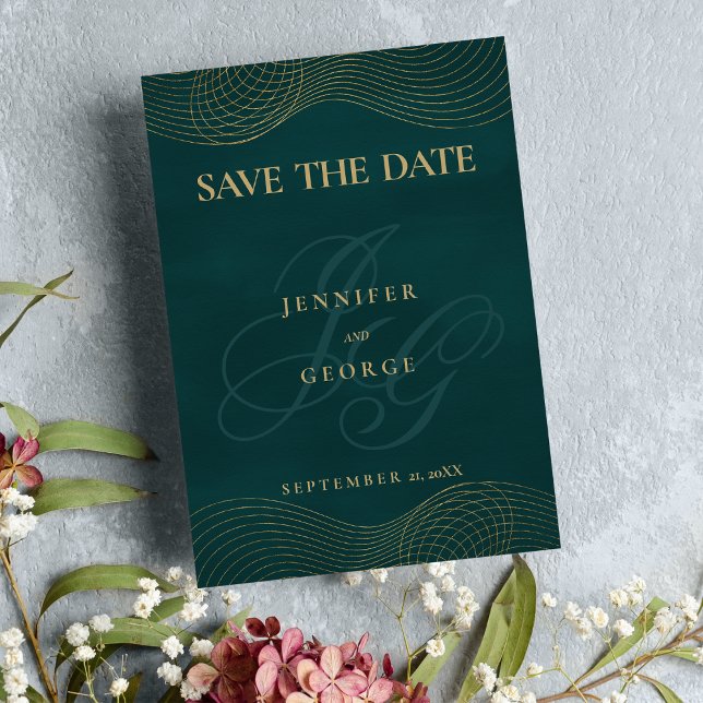 Reserve A Data Monograma geométrico de ouro verde-escuro Salvar a (Geometric dark green gold monogram Save The Date)