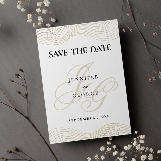 Reserve A Data Monograma geométrico em ouro branco Salvar a Data (Geometric white gold monogram Save The Date)