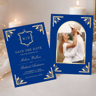 Reserve A Data Monograma Gold Crest Foto Azul Royal Casamento
