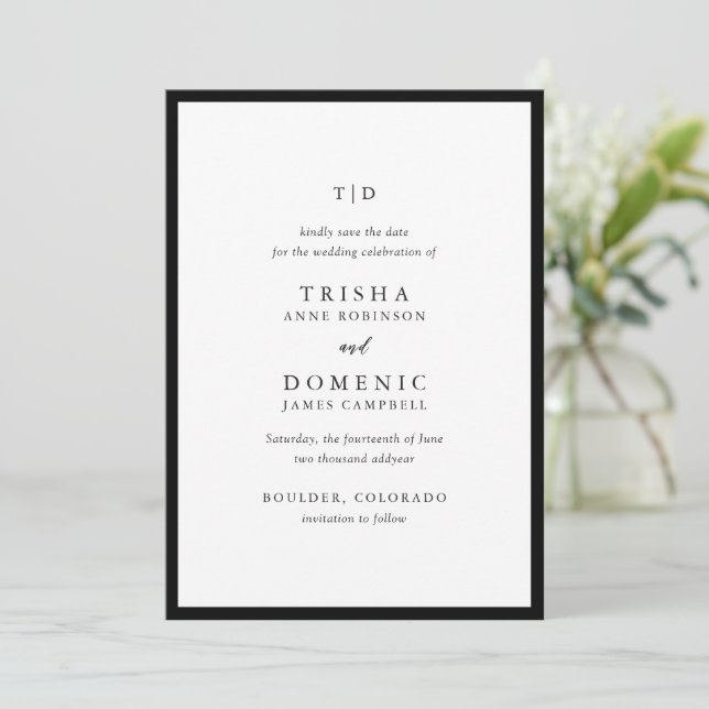 Reserve A Data Monograma Moderno de Casamento em Preto e Branco E (Em pé/Frente)
