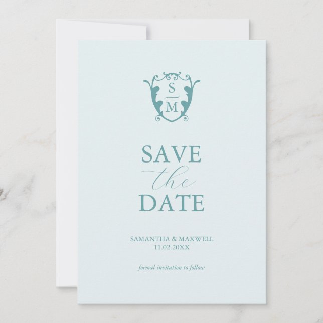 Reserve A Data Monograma Simples Azul Claro para Save The Date (Frente)