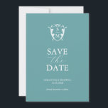 Reserve A Data Monograma Simples Azul para Salvar a Data<br><div class="desc">Anuncie o seu noivado com este moderno cartão de "save the date". Ele apresenta uma mistura de tipografia clássica e script em branco sobre um fundo azul-turquesa sólido. Insira o monograma da noiva e do noivo no centro de um brasão. Todas as cores podem ser personalizadas para se adequar à...</div>