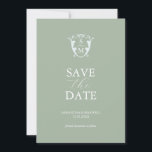 Reserve A Data Monograma Simples Verde Oliva Salve a Data<br><div class="desc">Anuncie seu noivado com este moderno cartão de "save the date". Ele apresenta uma mistura de tipografia clássica e script em branco sobre um fundo verde sálvia sólido. Insira o monograma dos noivos no centro de um brasão azul pálido. Todas as cores podem ser personalizadas para se adequar à paleta...</div>