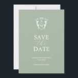 Reserve A Data Monograma Simples Verde Oliva Salve a Data<br><div class="desc">Anuncie o seu noivado com este moderno cartão de aviso de casamento. Ele apresenta uma mistura de tipografia clássica e cursiva em branco sobre um fundo verde-sage sólido. Insira o monograma dos noivos no centro de um brasão azul claro. Todas as cores podem ser personalizadas para se adequar à paleta...</div>