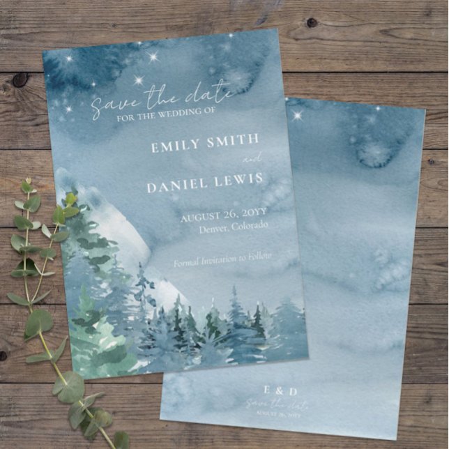 Reserve A Data Montanhas Russas Cor Azul Escura Dusta (Rustic Mountains Wedding Save the Date in Dark Dusty Blue )