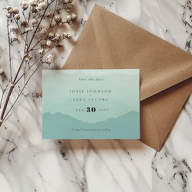 Reserve A Data Montanhas verdes suaves salvam a data (Green watercolor mountains modern and bold wedding Save the date card)
