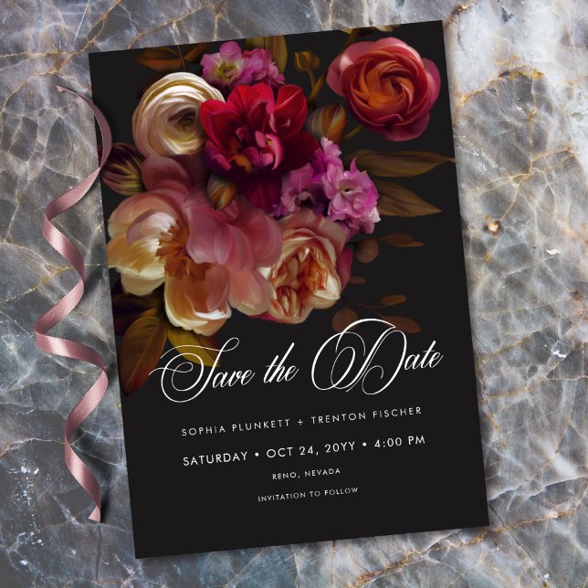 Reserve A Data Moody Black Floral Painterly Red Burgundy (Moody Black Floral Painterly Red Burgundy Save The Date)