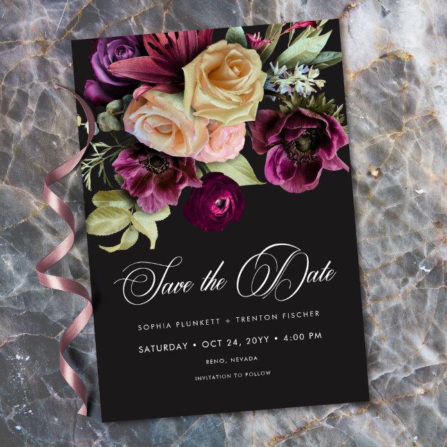 Reserve A Data Moody Dark Floral Black Burgundy Romantic (Moody Dark Floral Black Burgundy Romantic Save The Date)