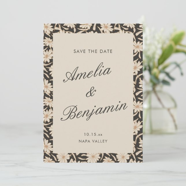 Reserve A Data Moody Floral Black Ivory Script Wedding (Em pé/Frente)