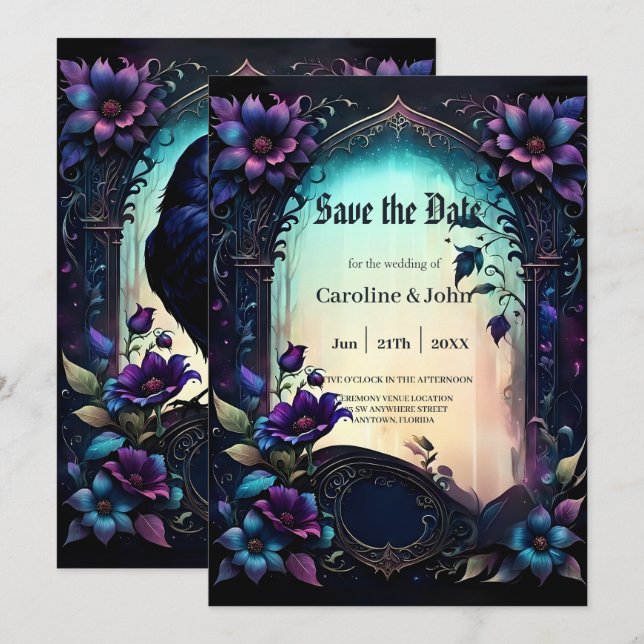Reserve A Data Moonlit Raven | Suite de Noiva Floral Gótica.  (Frente/Verso)