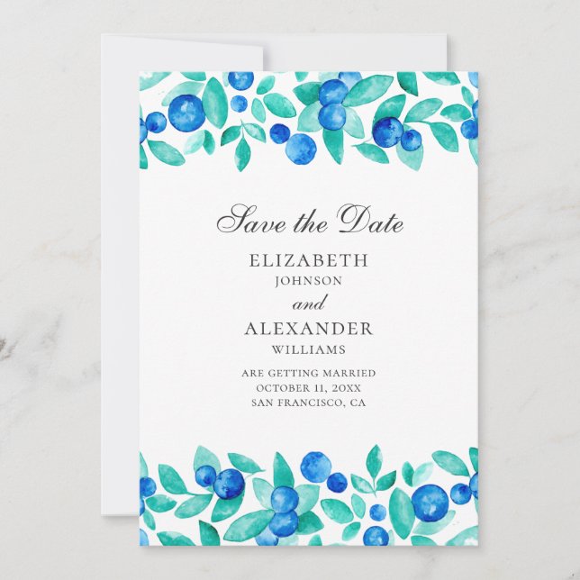 Reserve A Data Morangos em aquarela. Casamento azul e menta (Frente)
