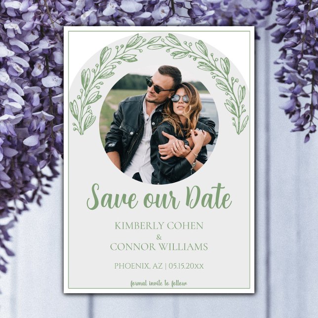 Reserve A Data Moss Green Garland Foto para salvar a data (Moss Green Garland Photo Save the Date)