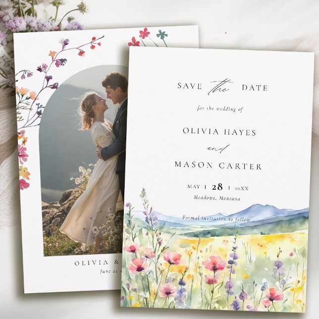 Reserve A Data Mountain Meadow Wildflowers Modern Boho Wedding (mountain wedding save the date boho arch wildflowers meadow floral watercolor modern calligraphy)