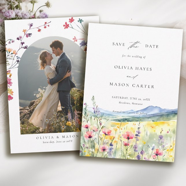 Reserve A Data Mountain Meadow Wildflowers Modern Photo Wedding (mountain wedding save the date boho arch photo wildflowers meadow floral watercolor modern)