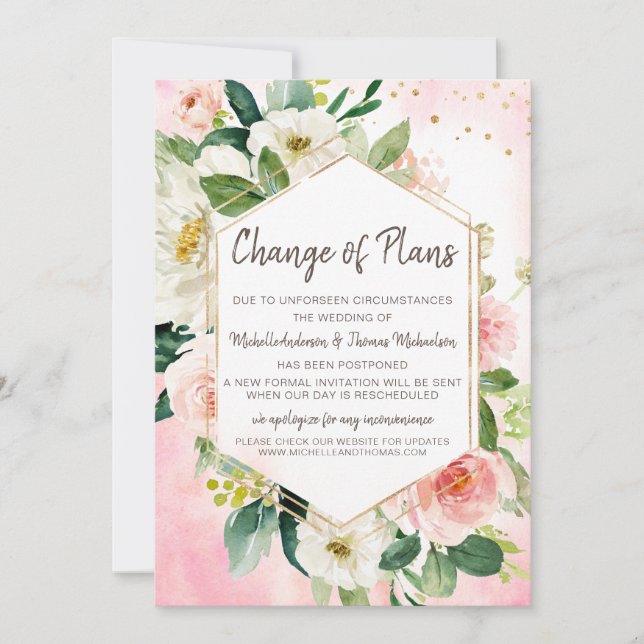 Reserve A Data Mudança de planos Casamento Aquarela Floral Rosa (Frente)