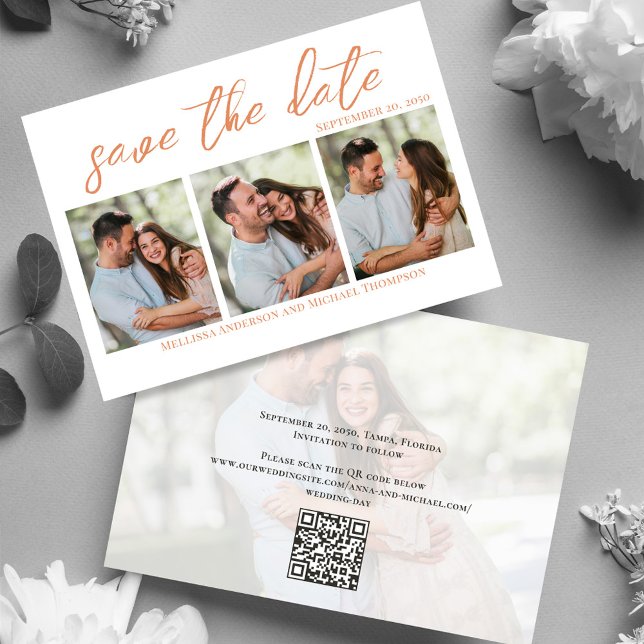 Reserve A Data Múltipla Foto do Script de Pessegueira Salva o Cas (Wedding save-the-date photo card with a scannable QR code. )