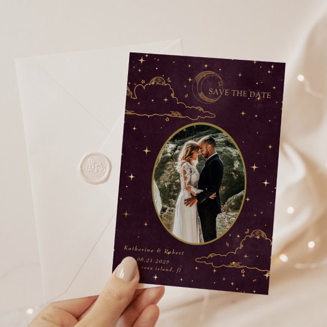Reserve A Data Mystical Celestial Gold Moon Clouds Wedding (Criador carregado)