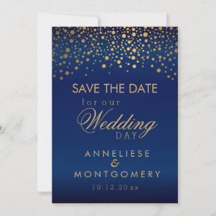 Reserve A Data Na moda Dourado Pontos de Confetti no Marinho Blue