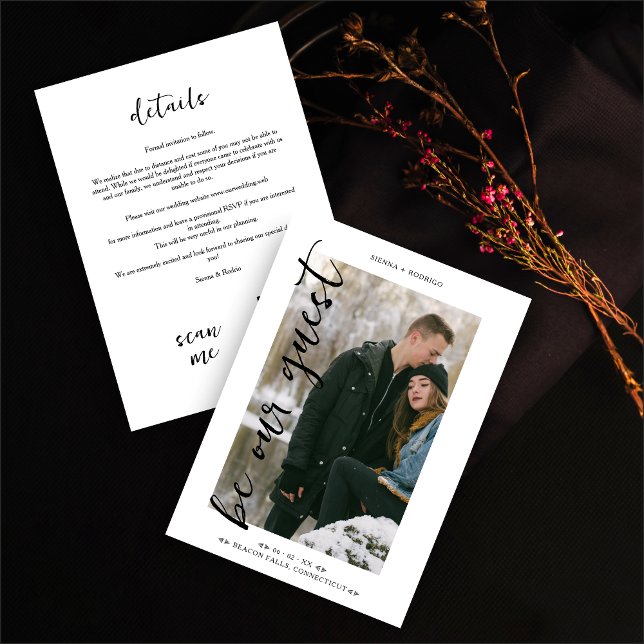 Reserve A Data Na moda Trendy Photo Be Our Guest QR Wedding (Stylish Trendy Photo Be Our Guest Minimalist QR Wedding Save the Date with Envelope.)