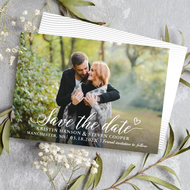 Reserve A Data Na moda White Script Photo Save The Date Card (Criador carregado)