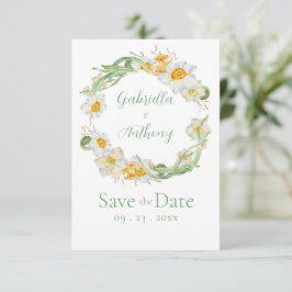 Reserve A Data Narciso Floral Branco e Amarelo Rótulo Verde