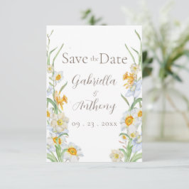 Reserve A Data Narciso Floral Branco e Amarelo Script Marrom