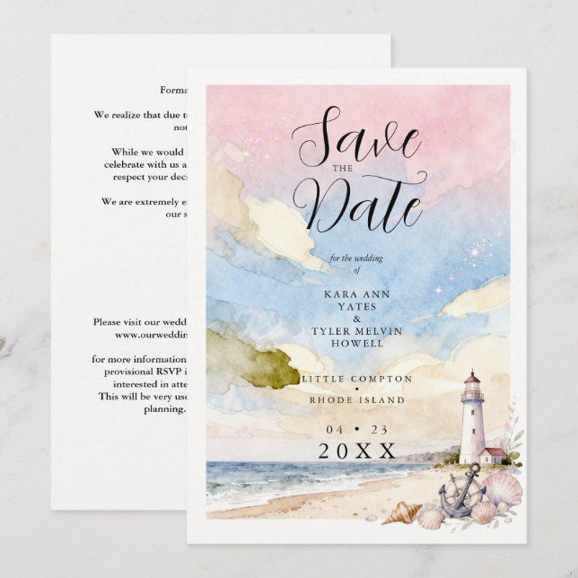 Reserve A Data Nautical Anchor & Seashells Coastal Scene Wedding (Frente/Verso)