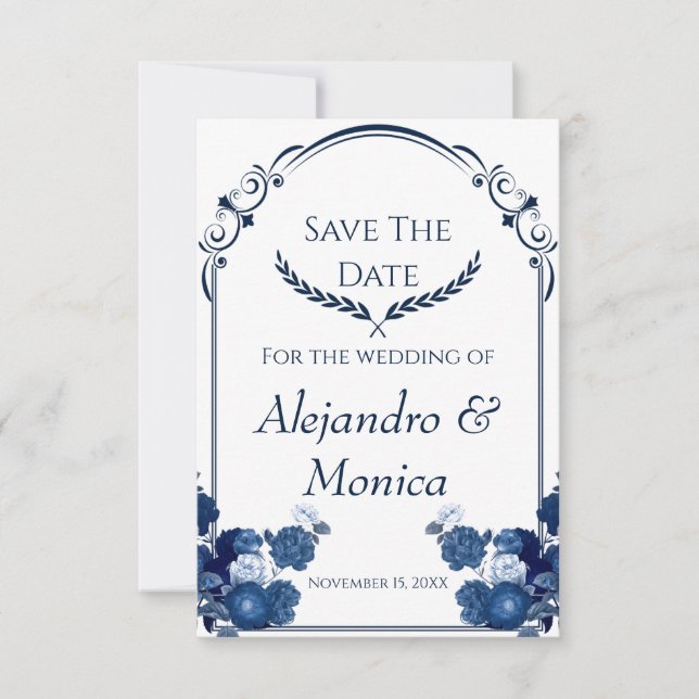 Reserve A Data Navy and Dusty Blue Floral Classic Save The Date (Frente)