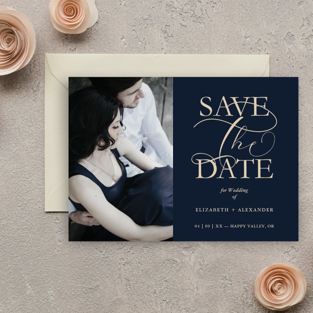 Reserve A Data Navy Blue Fancy Trendy Wedding Photo Faux Gold (Navy Blue Fancy Trendy Wedding Photo Faux Gold Save the Date Card with Envelope.)