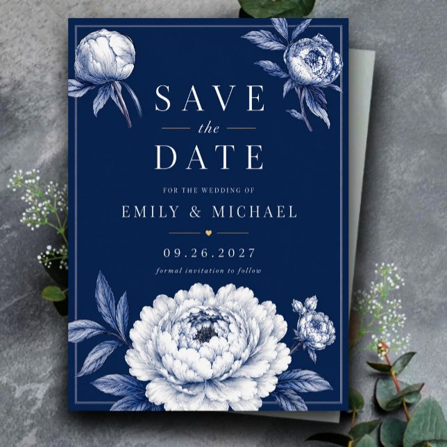 Reserve A Data Navy Blue Floral Elegant White Peony (Criador carregado)