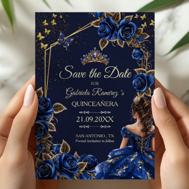 Reserve A Data Navy Blue Golden Tiara Roses  Quinceañera (Criador carregado)